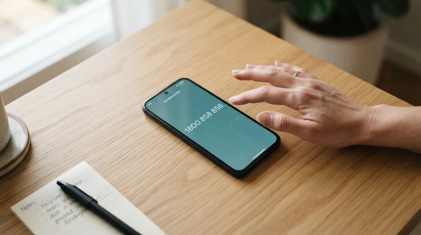 A person reaching for a phone with the National Gambling Helpline 1800 858 858 displayed on screen