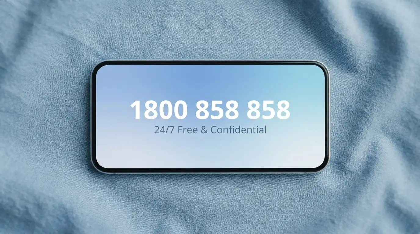 A phone screen displaying 1800 858 858, with the Gambling Help Online logo beside it, on a calm blue background