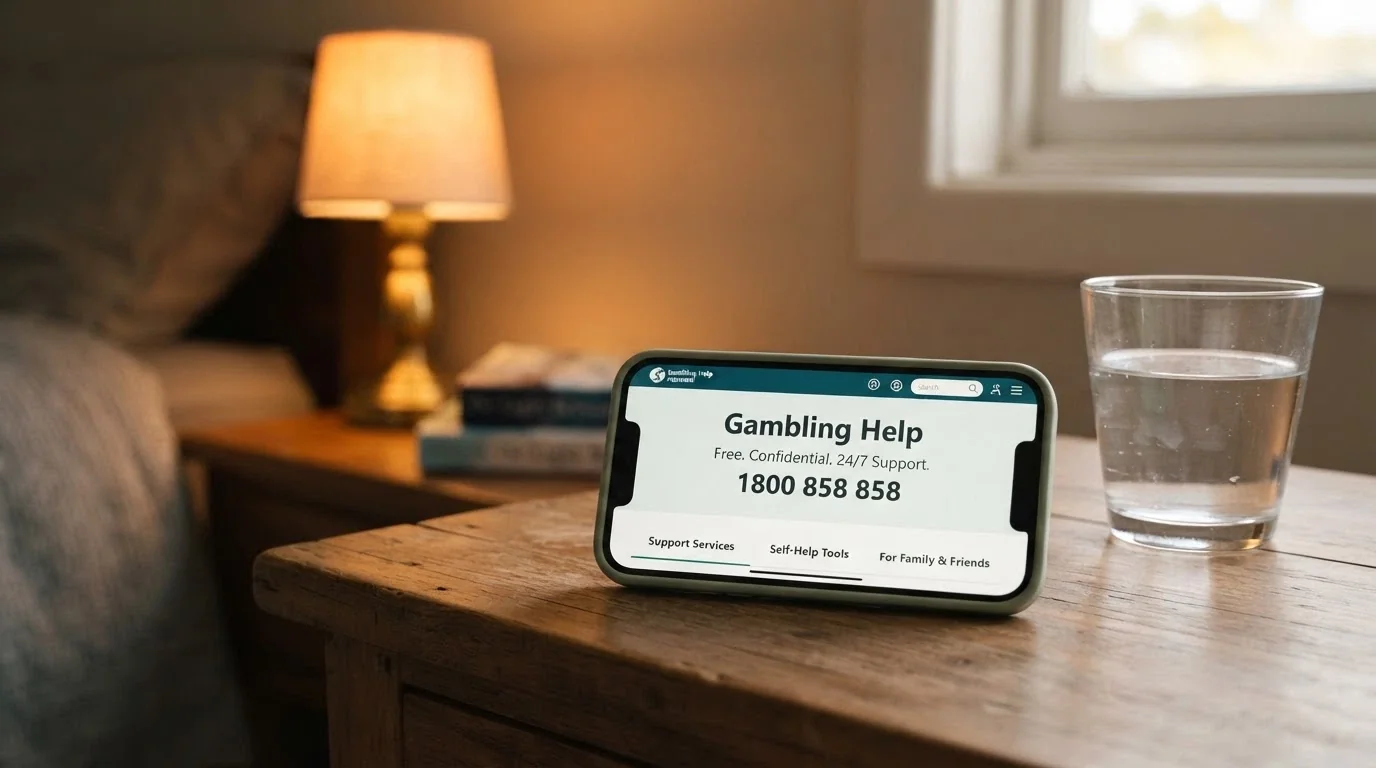 A phone screen showing the Gambling Help Online homepage with the 1800 858 858 number clearly visible, warm lighting