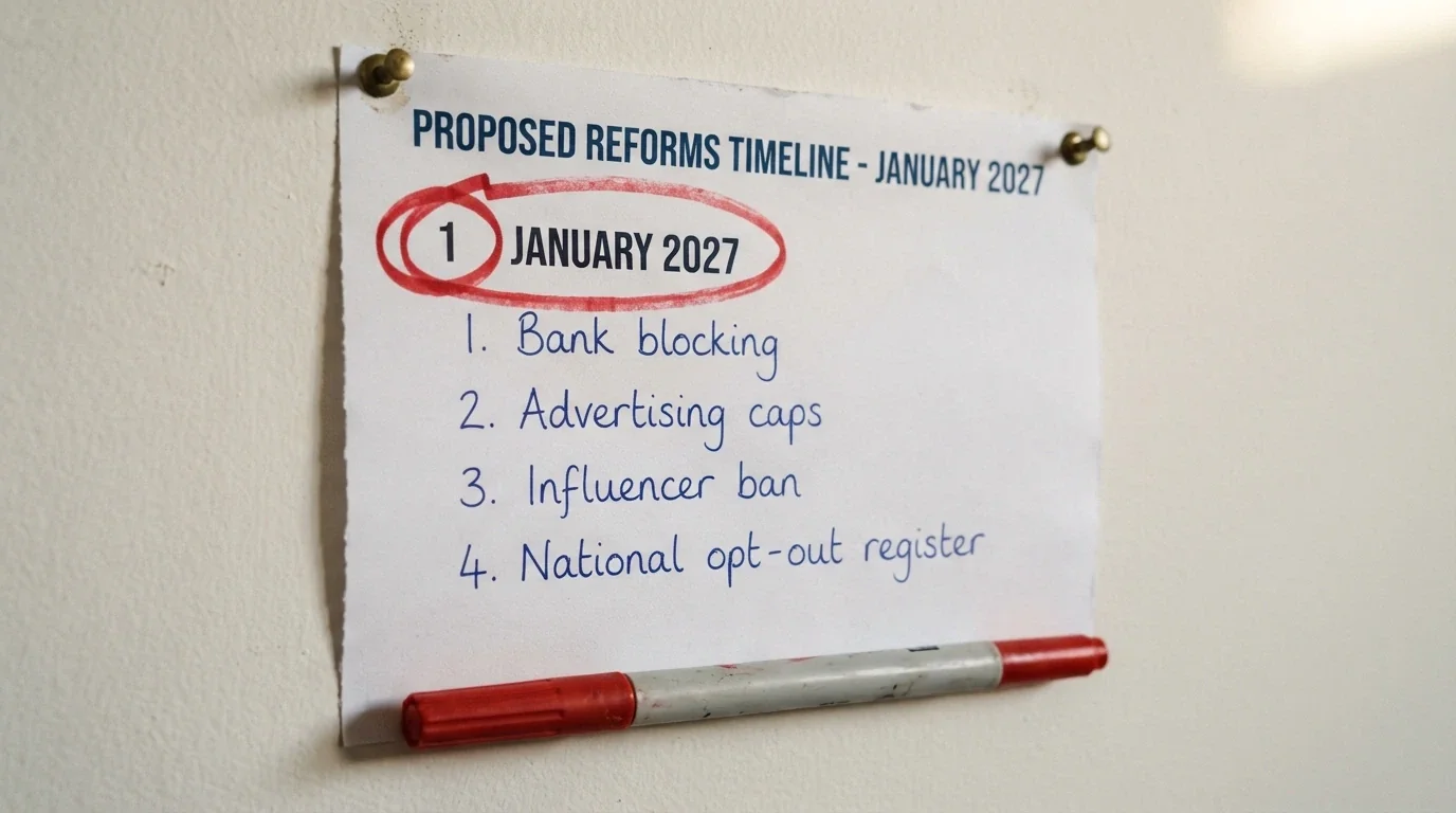 A calendar page showing January 2027 with 1 January circled in red, beside it a simplified timeline of the 2026 reform's key measures: bank blocking, ad caps, influencer ban, AdStop