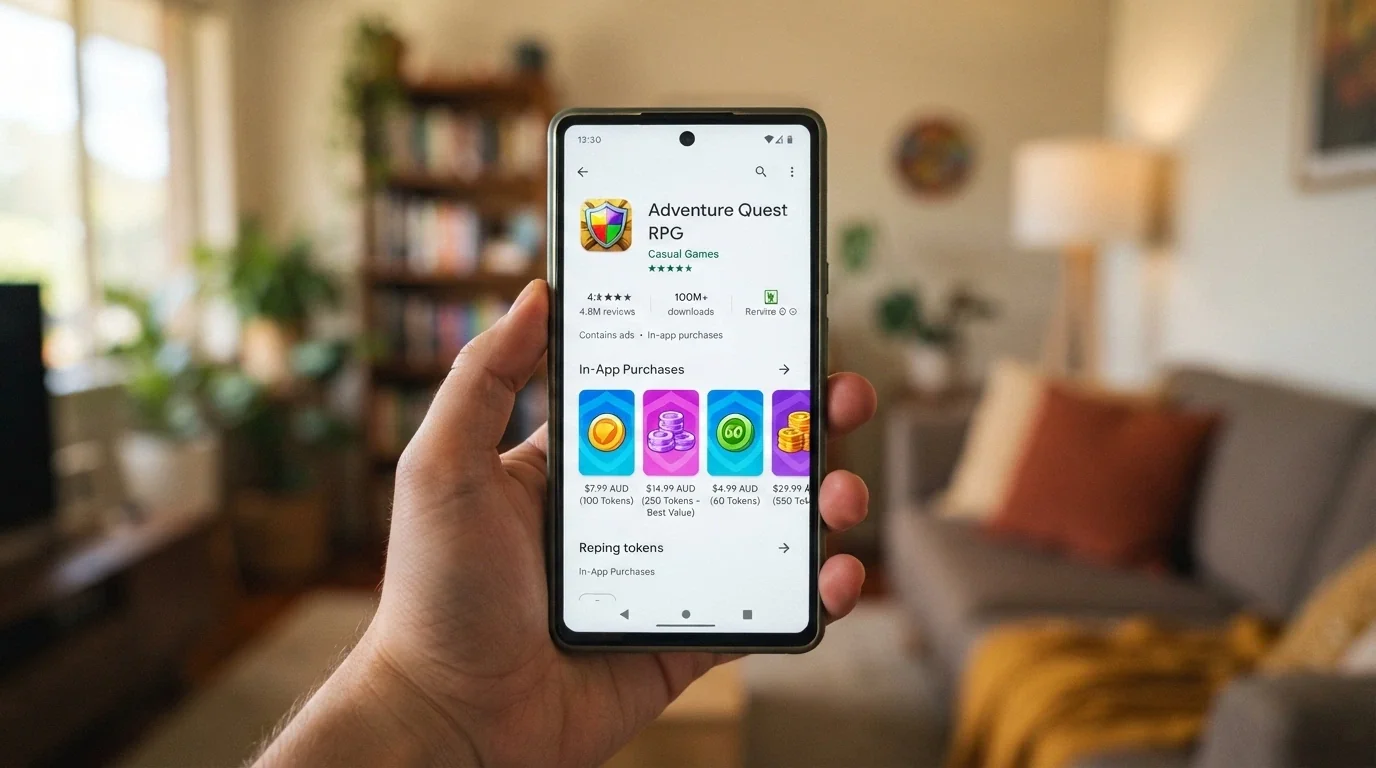 The Google Play store listing for a social casino app, showing the star rating, the “Contains ads · In-app purchases” label and virtual coin package options