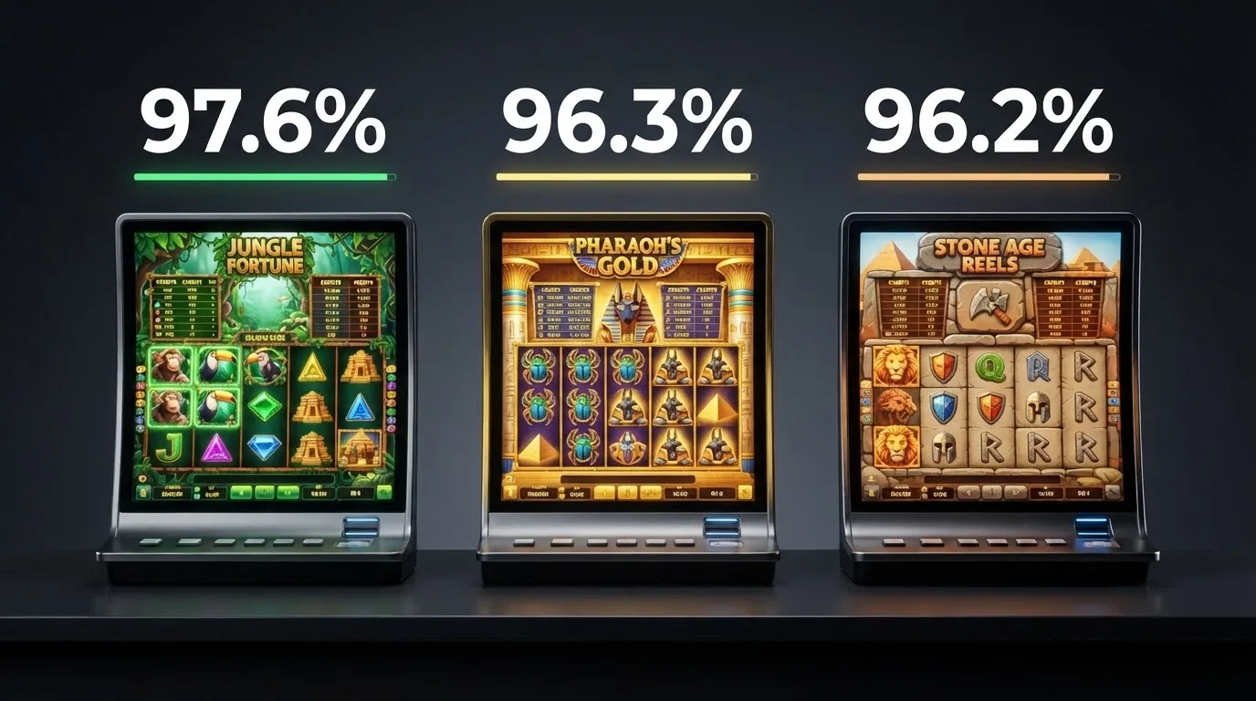 Three pokie machine screens side by side, each displaying a different game title with its RTP percentage highlighted prominently