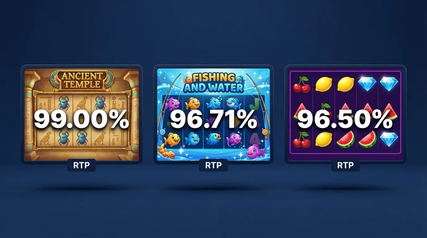 A side-by-side visual of three popular pokie title screens with their RTP percentages overlaid