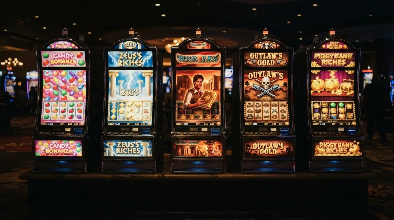 A row of five pokie title cards showing RTP percentages above 96% and high-volatility badges