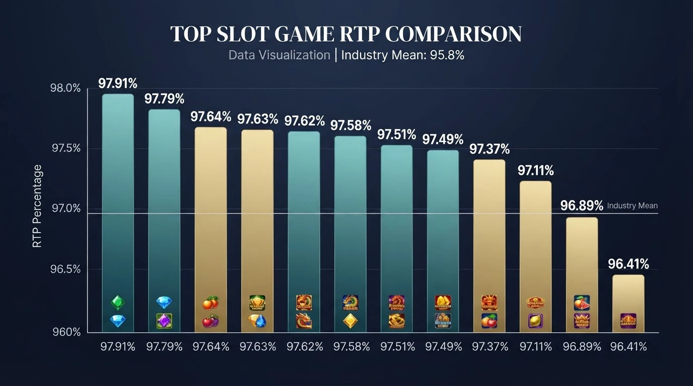 A comparison-style display of Betsoft slot titles with their RTP percentages highlighted, The Slotfather JP at the top with 97.91%