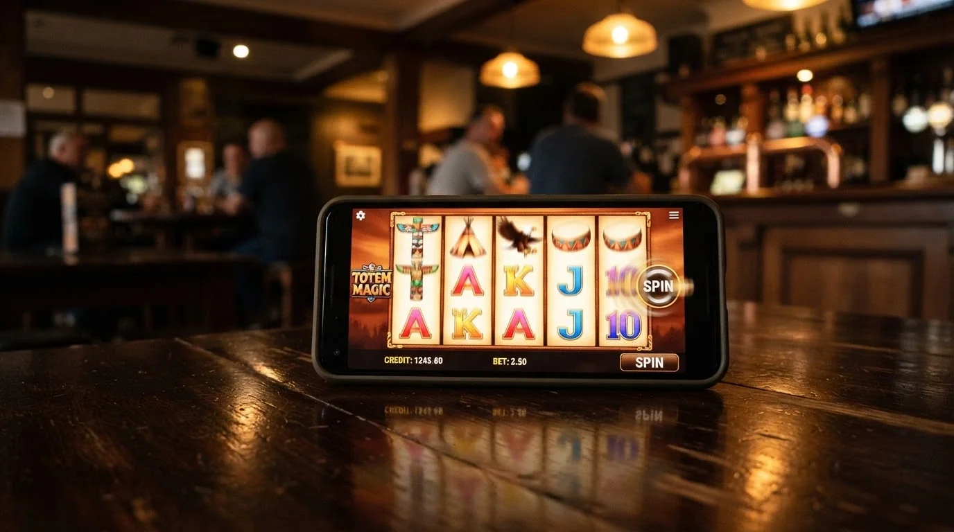 The five reels of Indian Dreaming spinning on a smartphone screen held horizontally, with the totem pole and tepee symbols clearly visible across the reels
