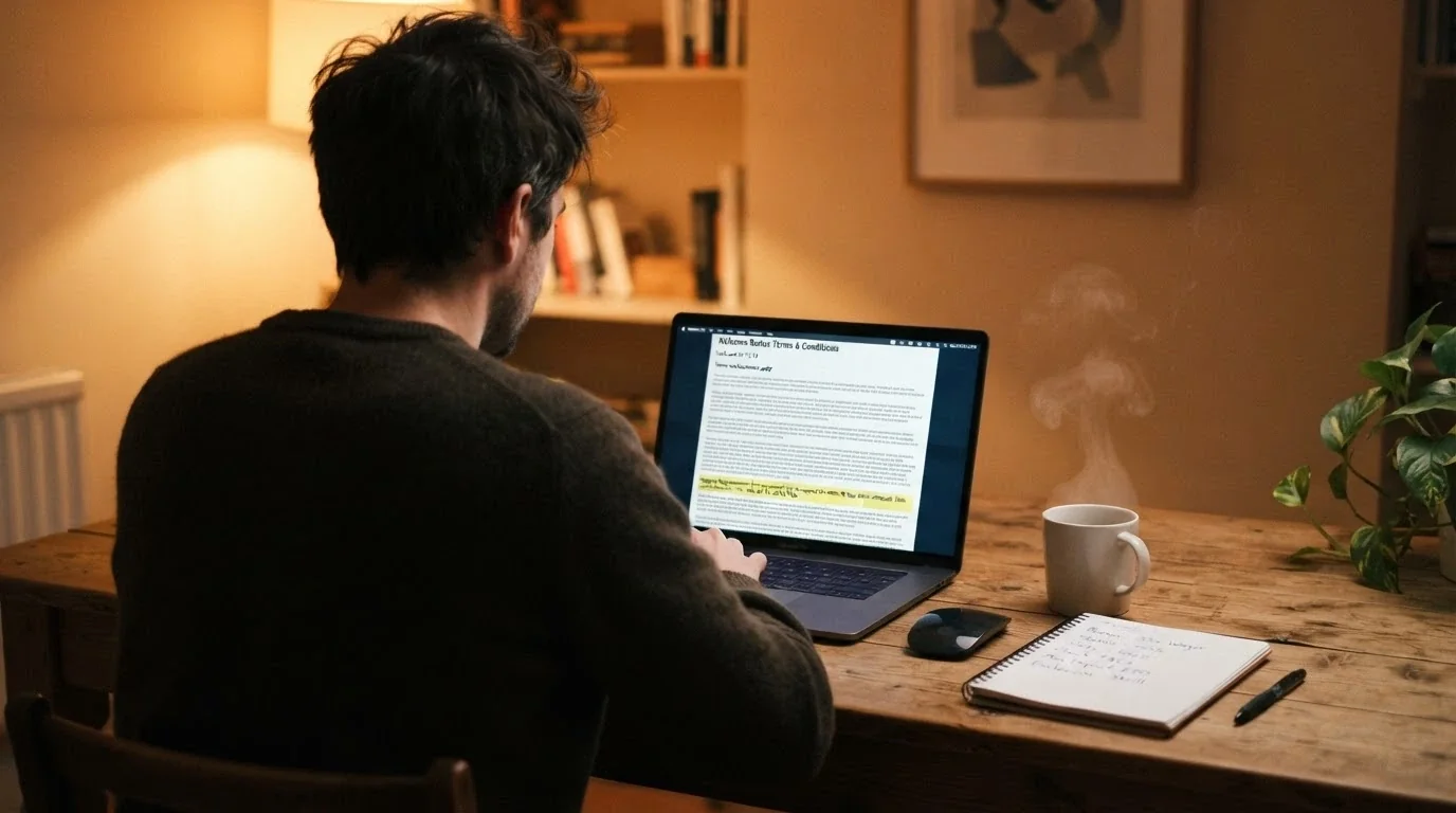 A person sitting at a desk with a laptop open to a casino bonus-terms page, a cup of coffee, and a notepad with handwritten notes — the scene is calm and considered, not urgent or impulsive