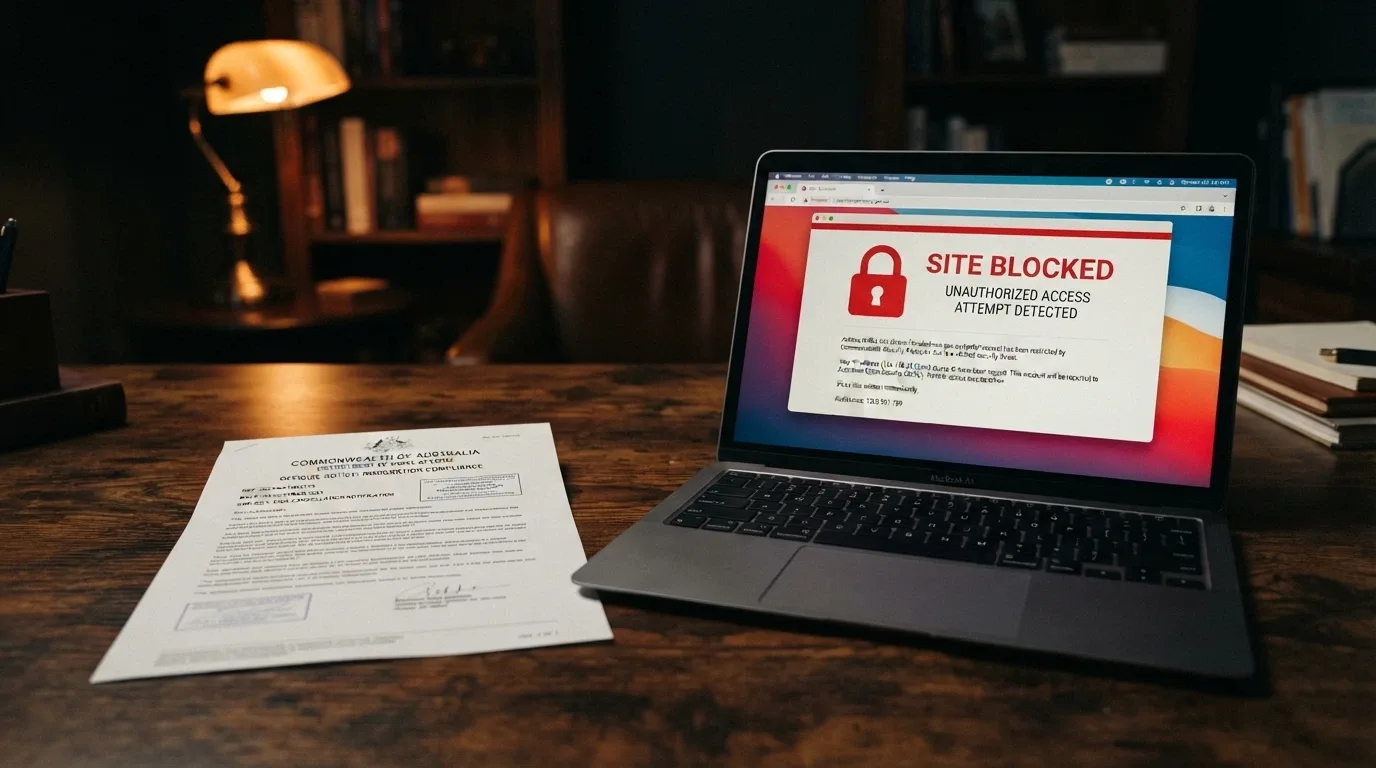 A document excerpt showing the IGA 2001 header beside an ACMA blocking notice with a “site blocked” browser message