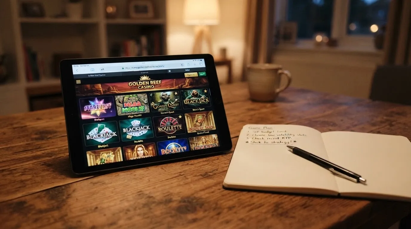 An iPad on a table with a notepad beside it, the screen showing a paused casino lobby with the Safari address bar, a pen resting on the notepad