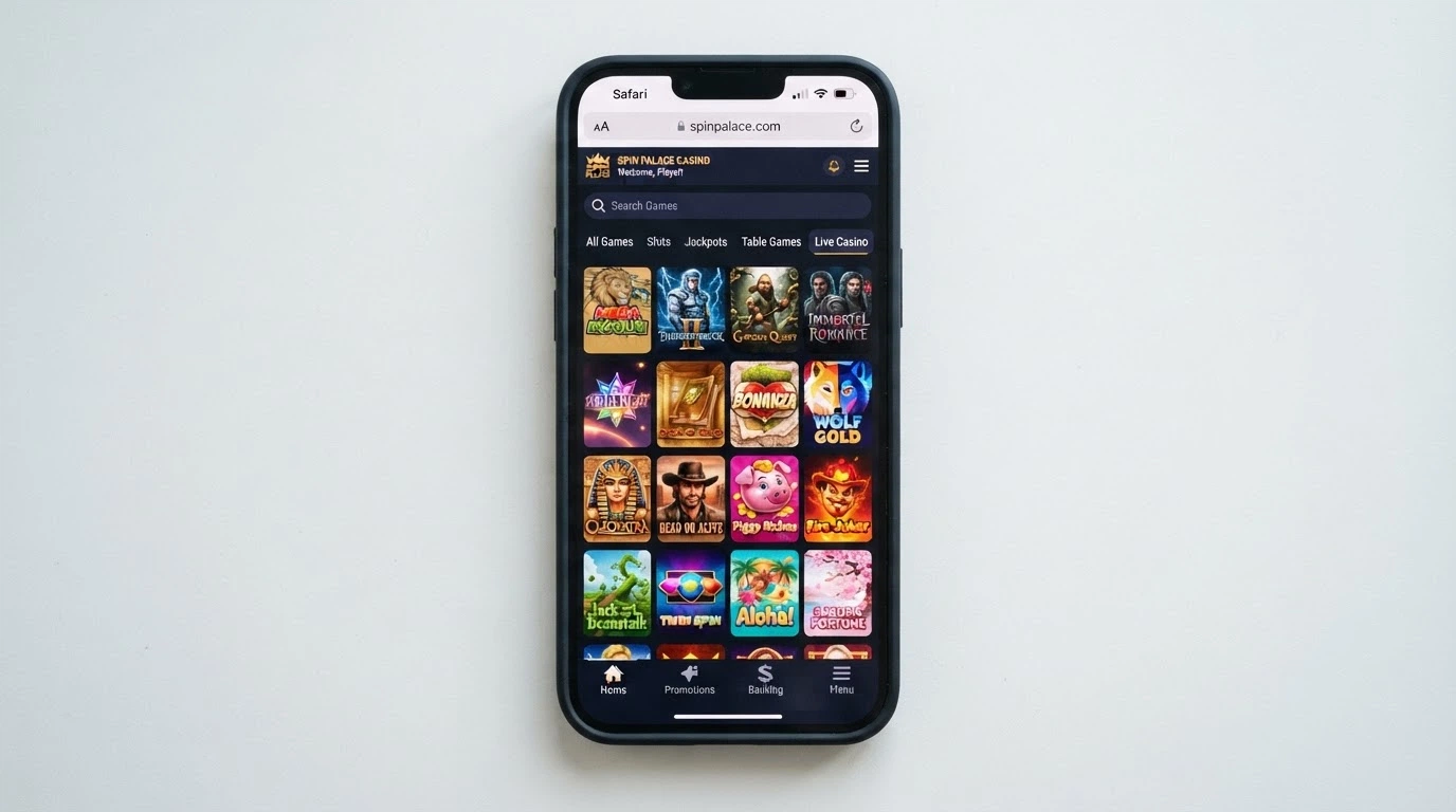 A mobile casino game lobby loaded in Safari on an iPhone, showing pokie thumbnails in a grid layout