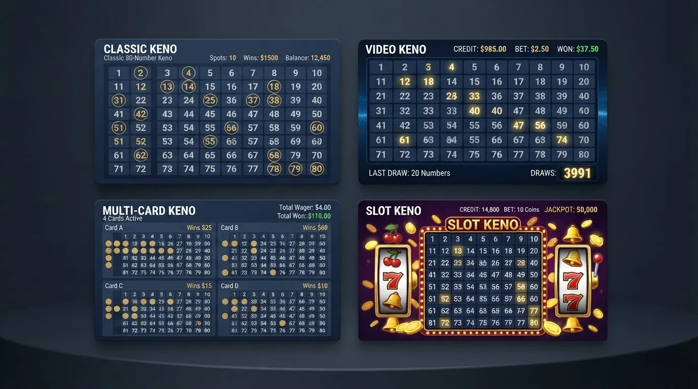 Four keno game tiles arranged in a grid, each representing a different variant — classic number grid, video keno, multi-card layout, and a slot-style keno title