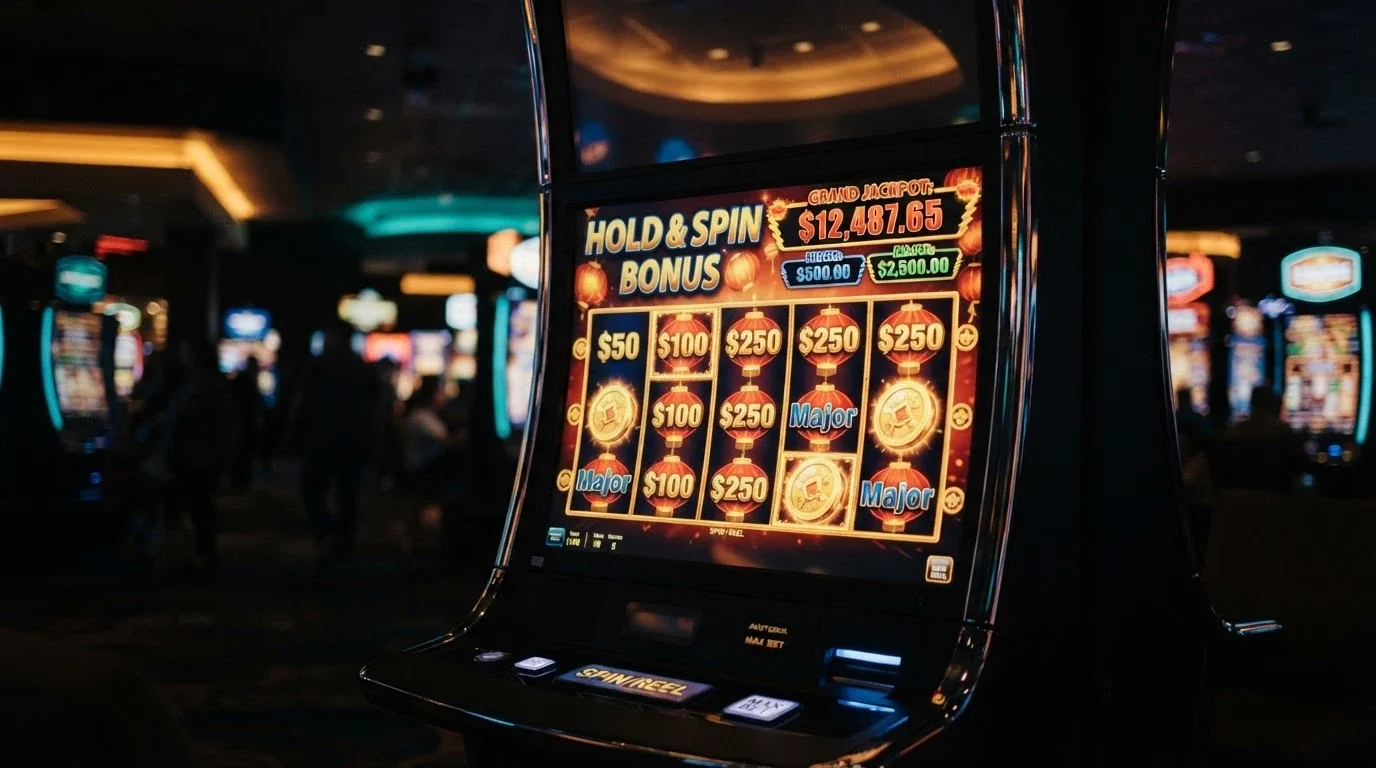 A screenshot of an Aristocrat-style pokies title screen with Lightning Link and Dragon Link branding visible, set against a darkened casino background