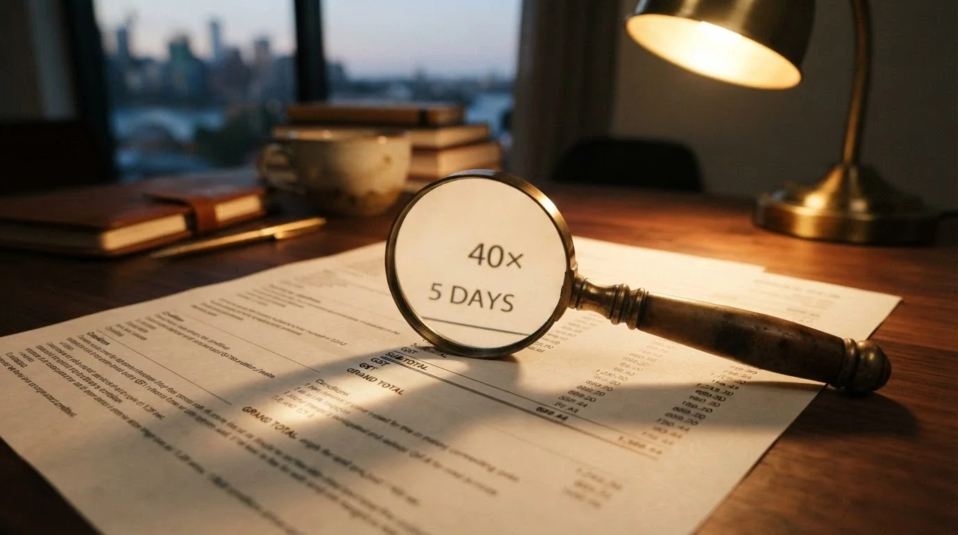 A magnifying glass over a casino bonus terms pop-up, with the wagering multiple (40×) and validity window (5 days) highlighted