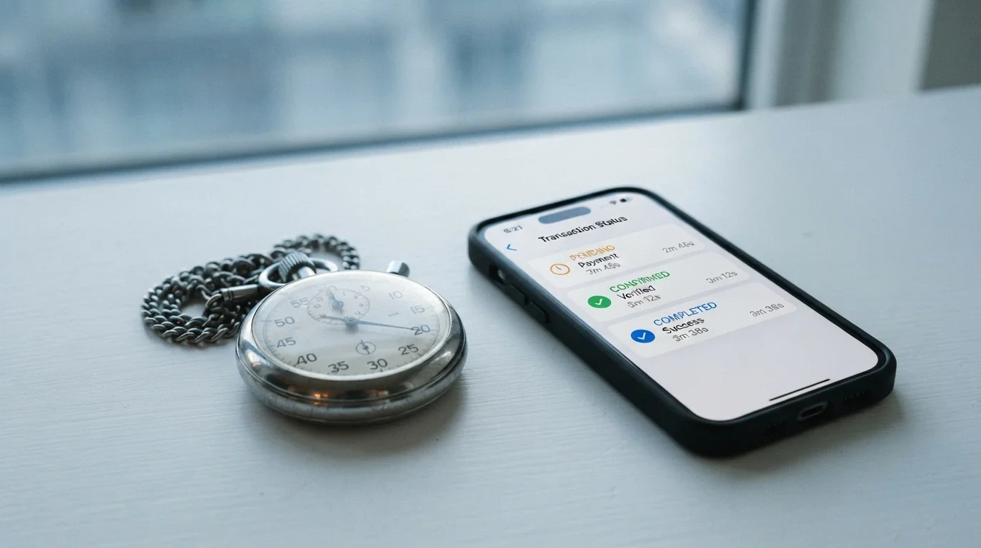 A stopwatch beside three stacked LTC transaction screens showing deposit pending (2.5 min), confirmed and withdrawal processed (8–15 min)