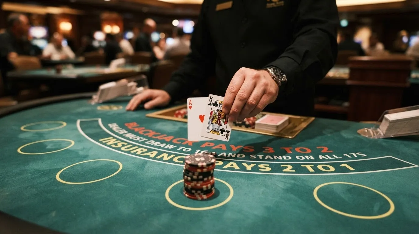 A close-up of a live blackjack table in play, showing the dealer's hand, the felt layout and chip stacks on the betting positions