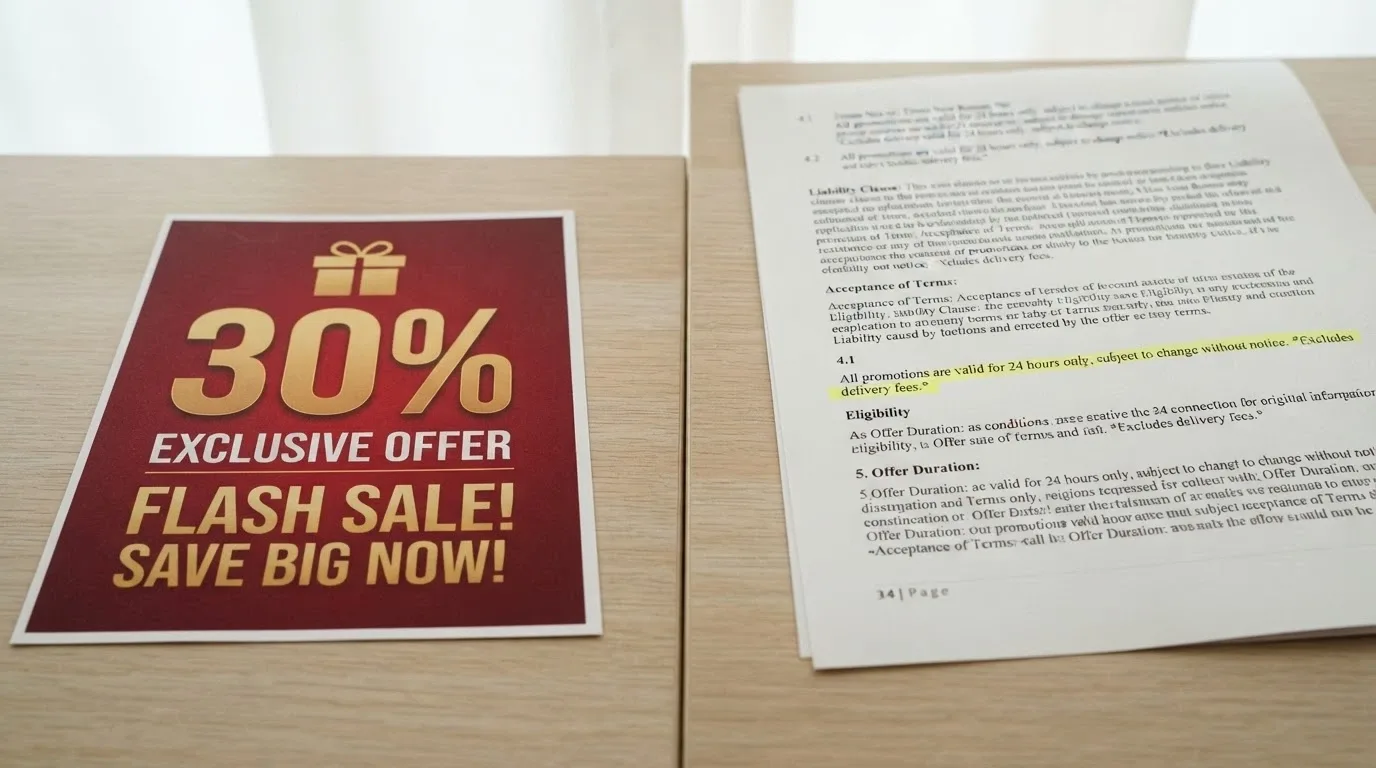 A split-frame visual contrasting a bold welcome-bonus banner graphic with a magnified view of bonus terms and conditions text
