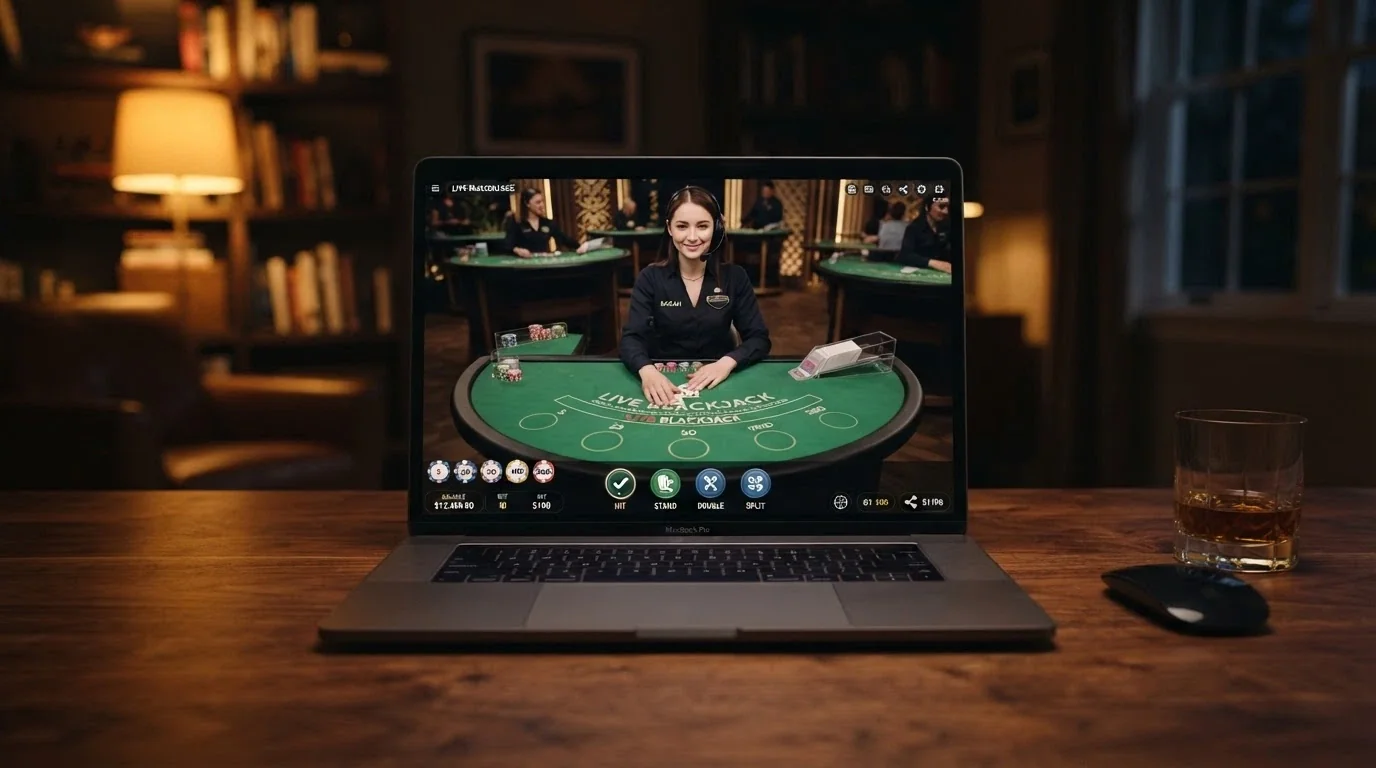 A live-dealer blackjack table seen through a player's screen — a real dealer, real felt, with the betting interface overlaid