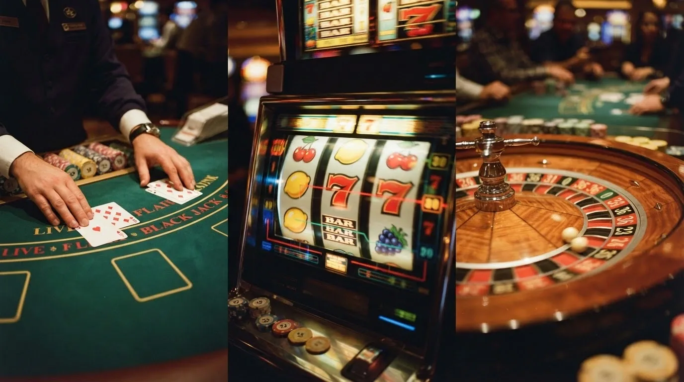 A collage of three game thumbnails: a live-dealer blackjack table with a dealer in frame, a colourful pokie reel grid, and a roulette wheel mid-spin