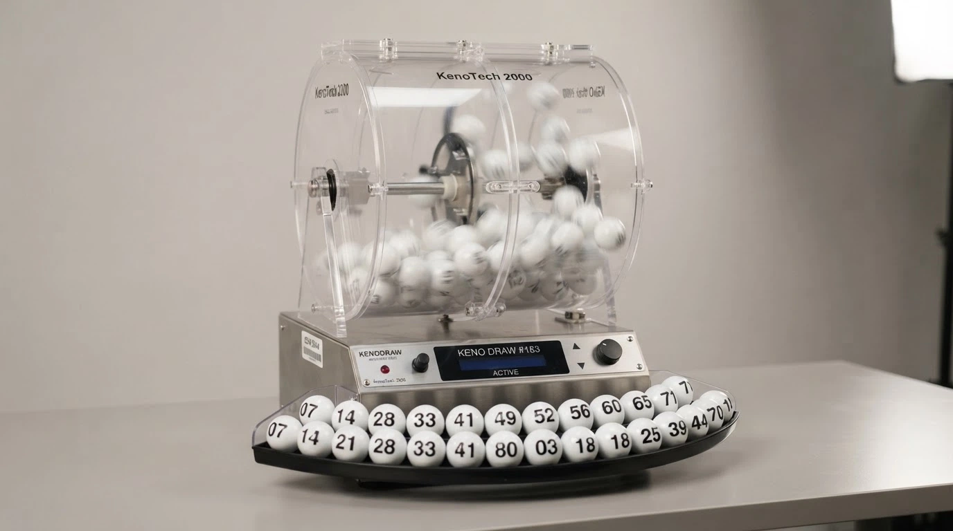 A live-stream frame of an Ezugi-style physical keno draw machine with numbered balls visible inside the mixing chamber