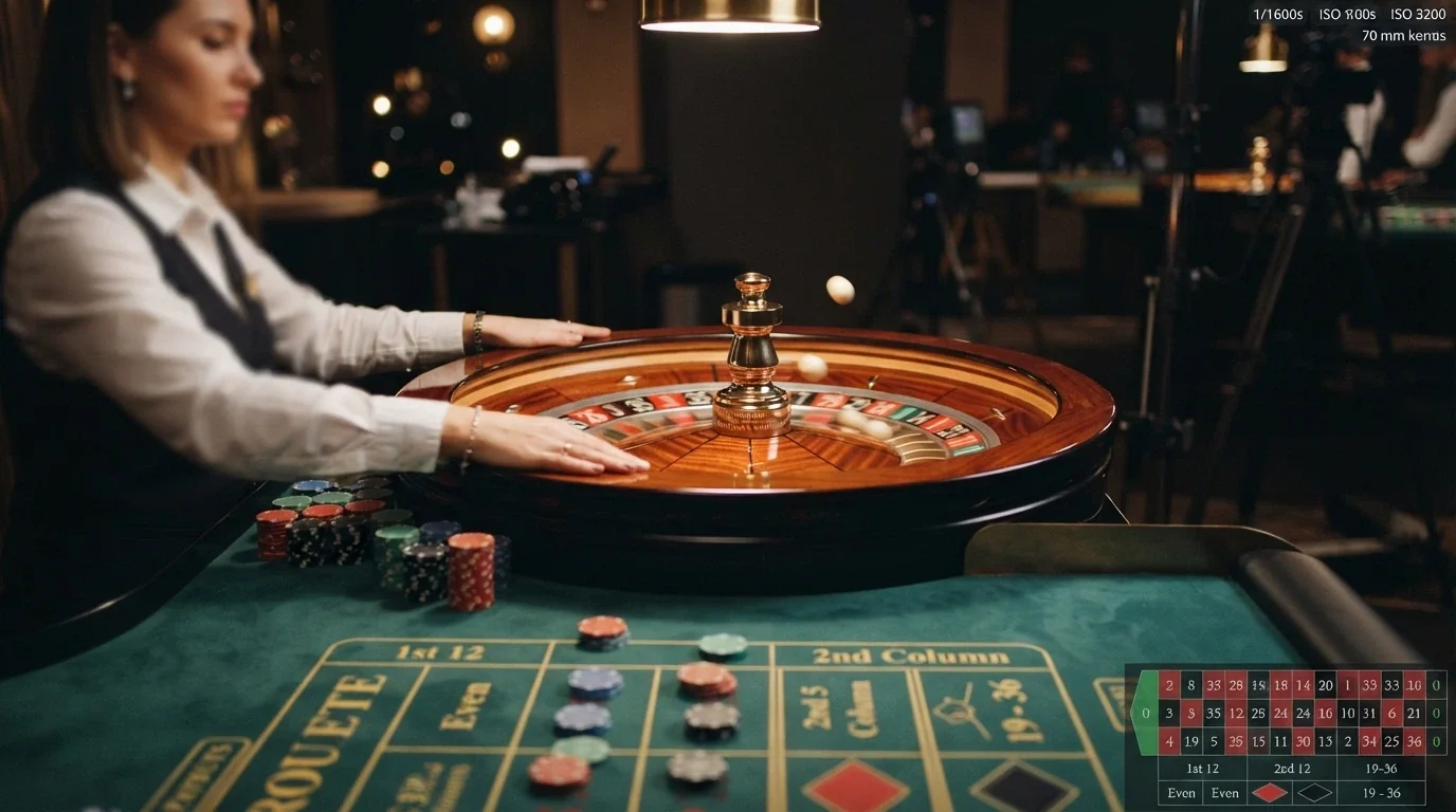 A European single-zero roulette wheel mid-spin in a live dealer studio, with the betting grid visible on screen