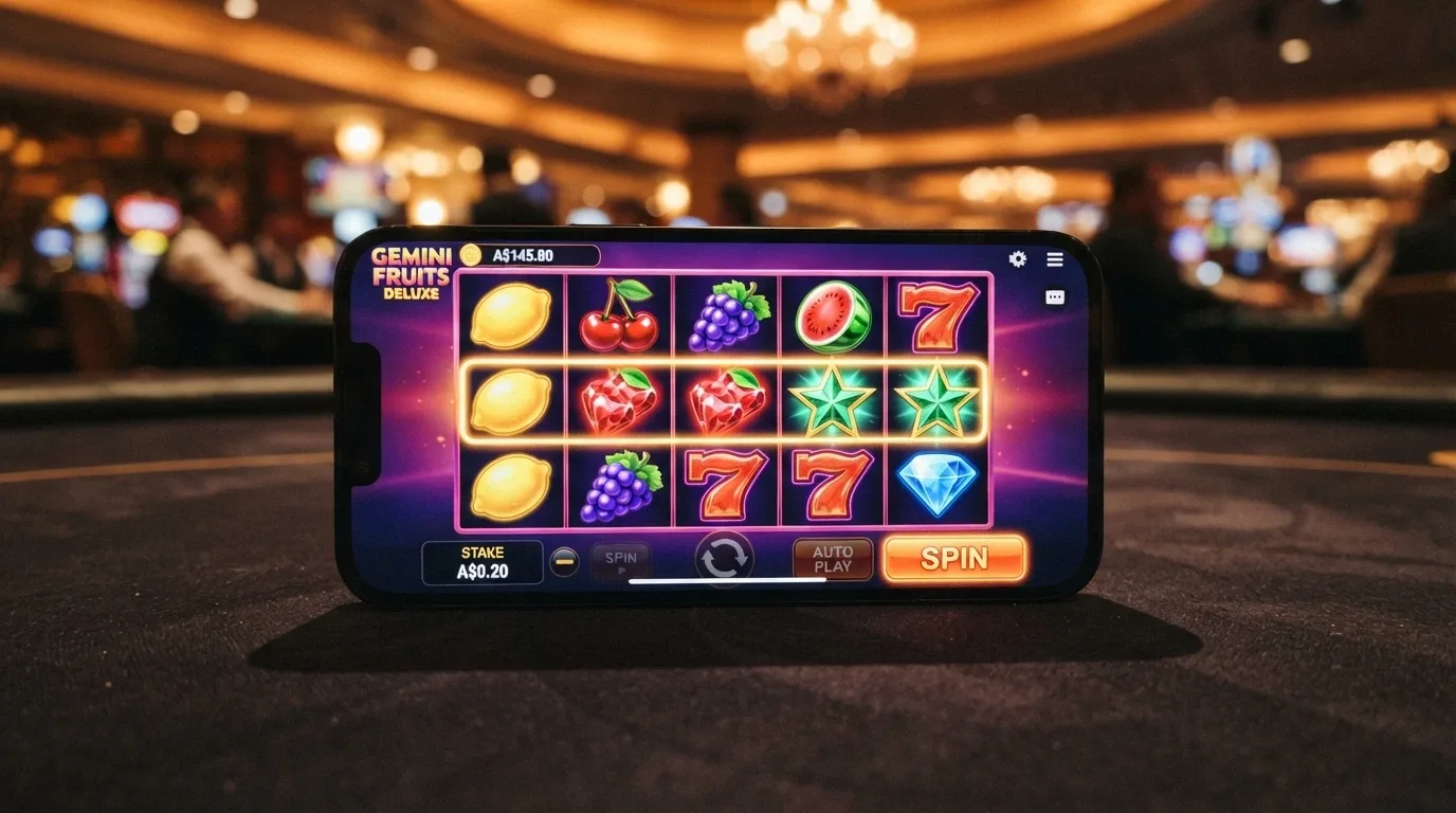 A screenshot of a colourful online pokies game reels with a visible A$0.20 per-spin stake display