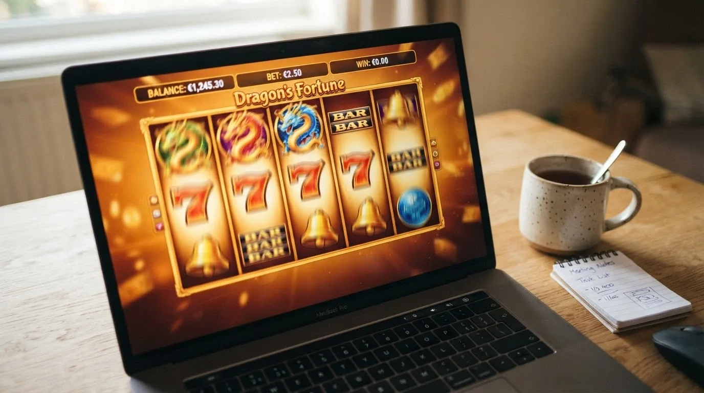 A pokies screen showing a low-volatility slot with frequent small wins, a balance line holding steady rather than crashing