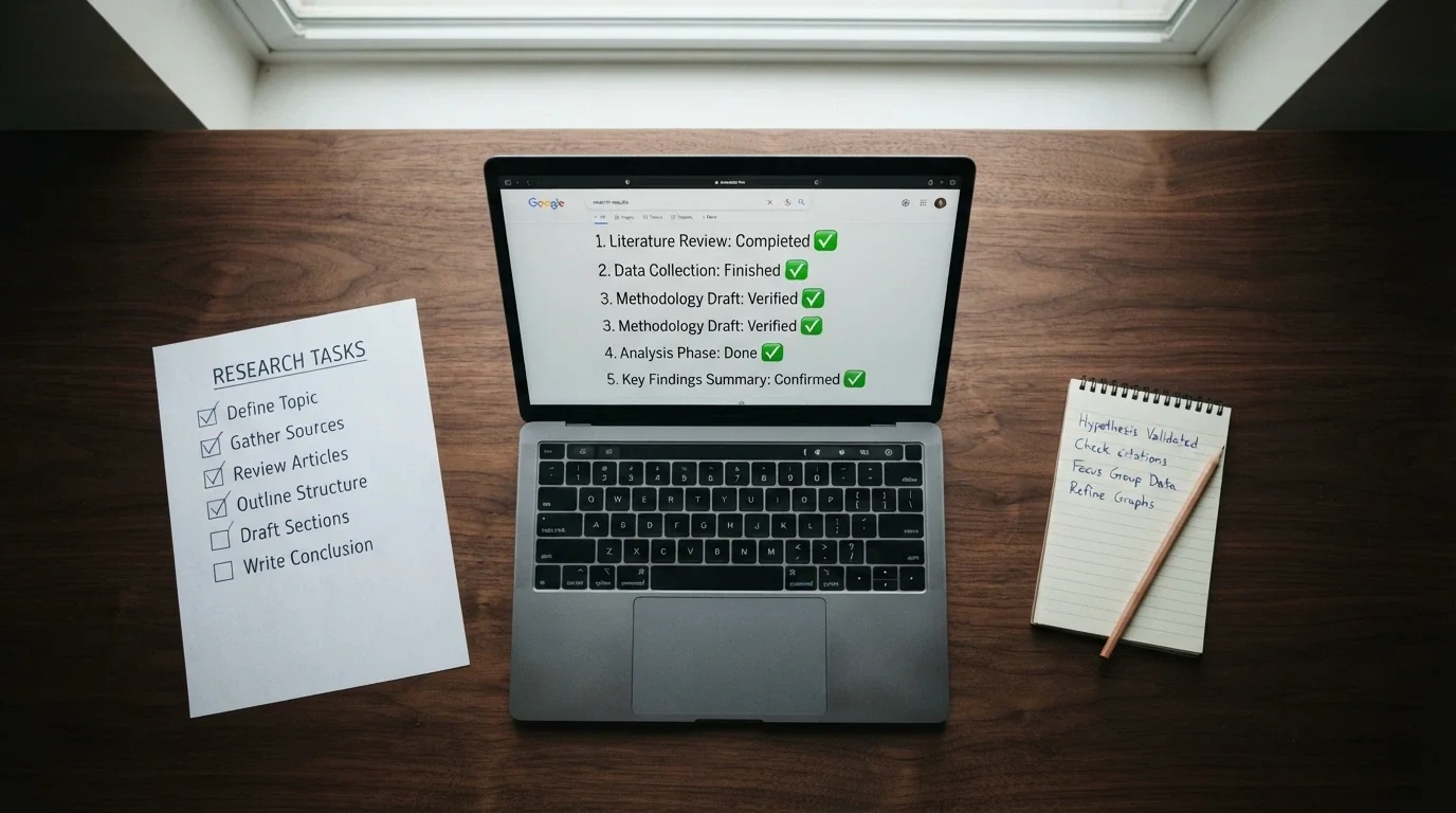 A desk-level view of research materials — a screen showing the ACMA licence register search, operator terms pages, and a structured evaluation checklist — arranged as a flat lay