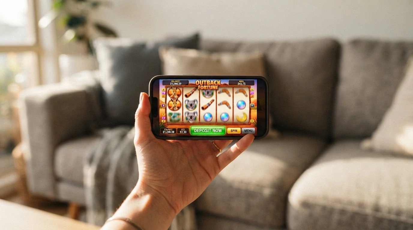 A hand holding a smartphone in landscape orientation showing a bitcoin casino game screen with a crypto deposit button visible in the interface
