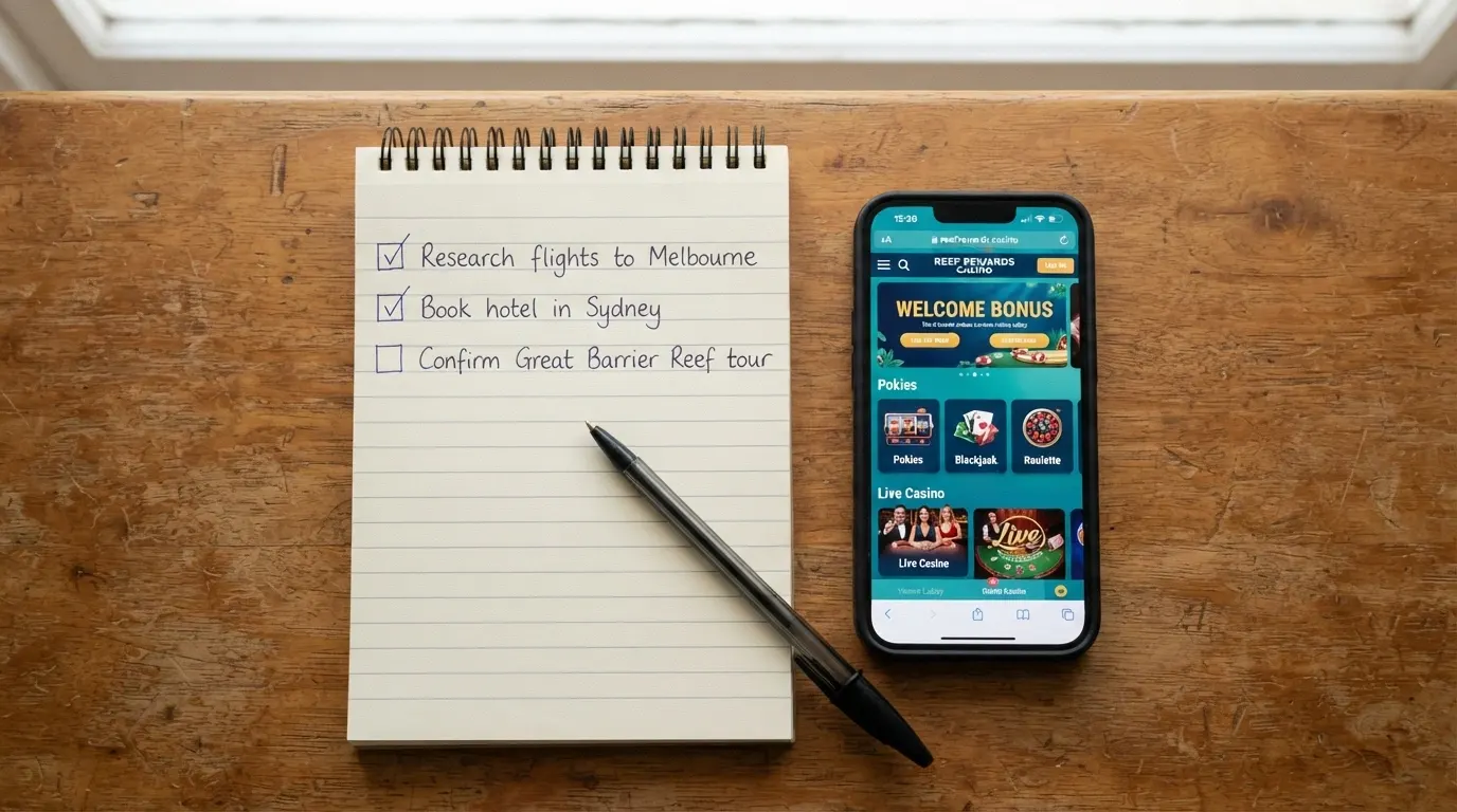 A notepad beside a smartphone with handwritten checks — licence, withdrawal terms, mobile speed test