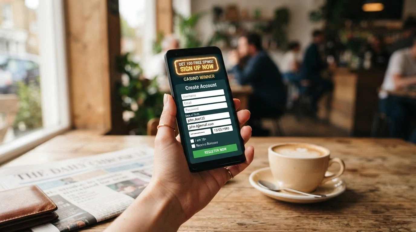 A hand holding a smartphone displaying a casino registration screen with a free-spins notification, with a coffee cup beside it