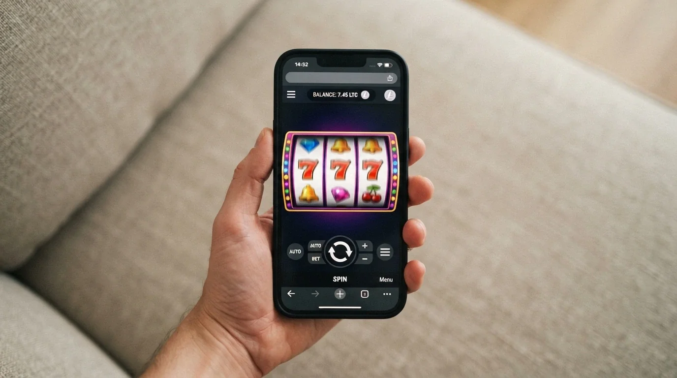A hand holding a smartphone showing a casino game loaded in a mobile browser, with a Litecoin wallet app visible in the background as a floating overlay