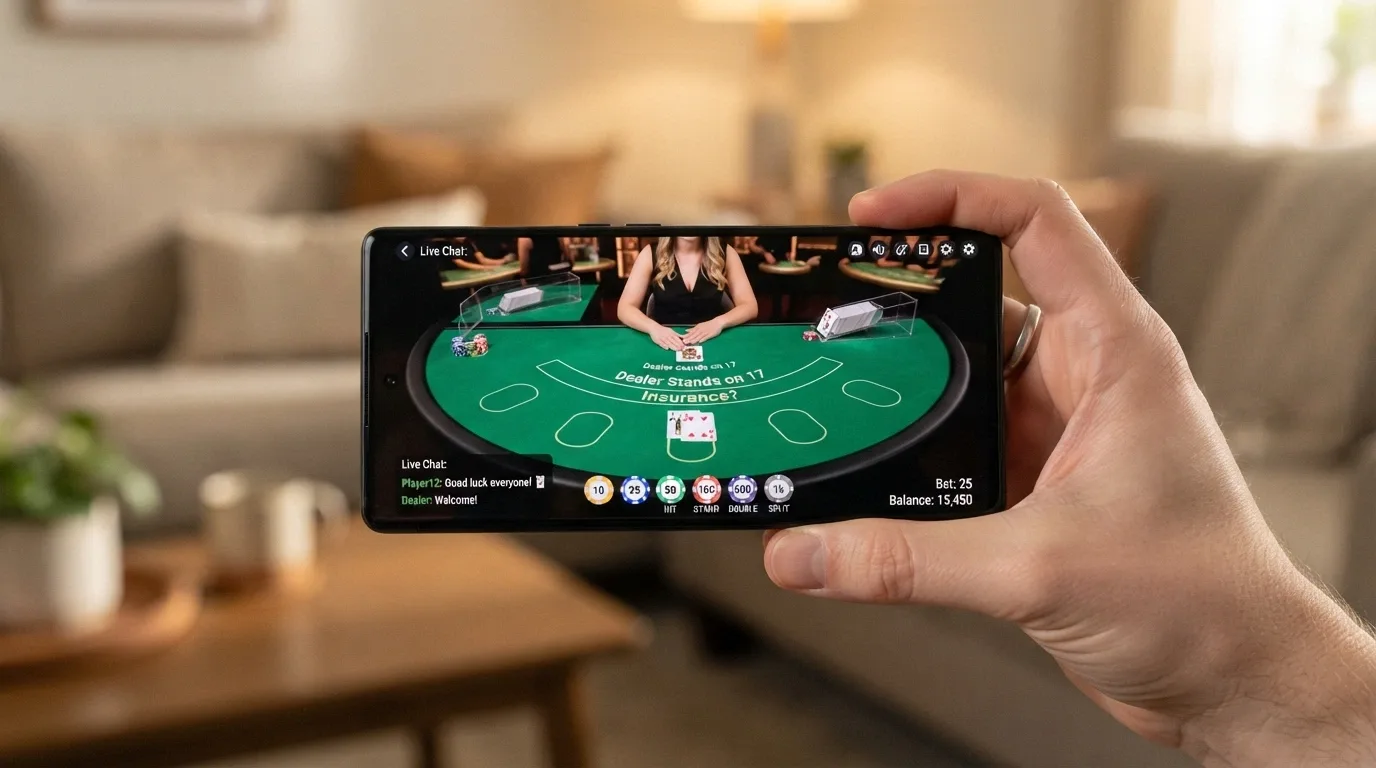 A smartphone held in landscape orientation displaying a live dealer blackjack table with the betting interface and chat window visible