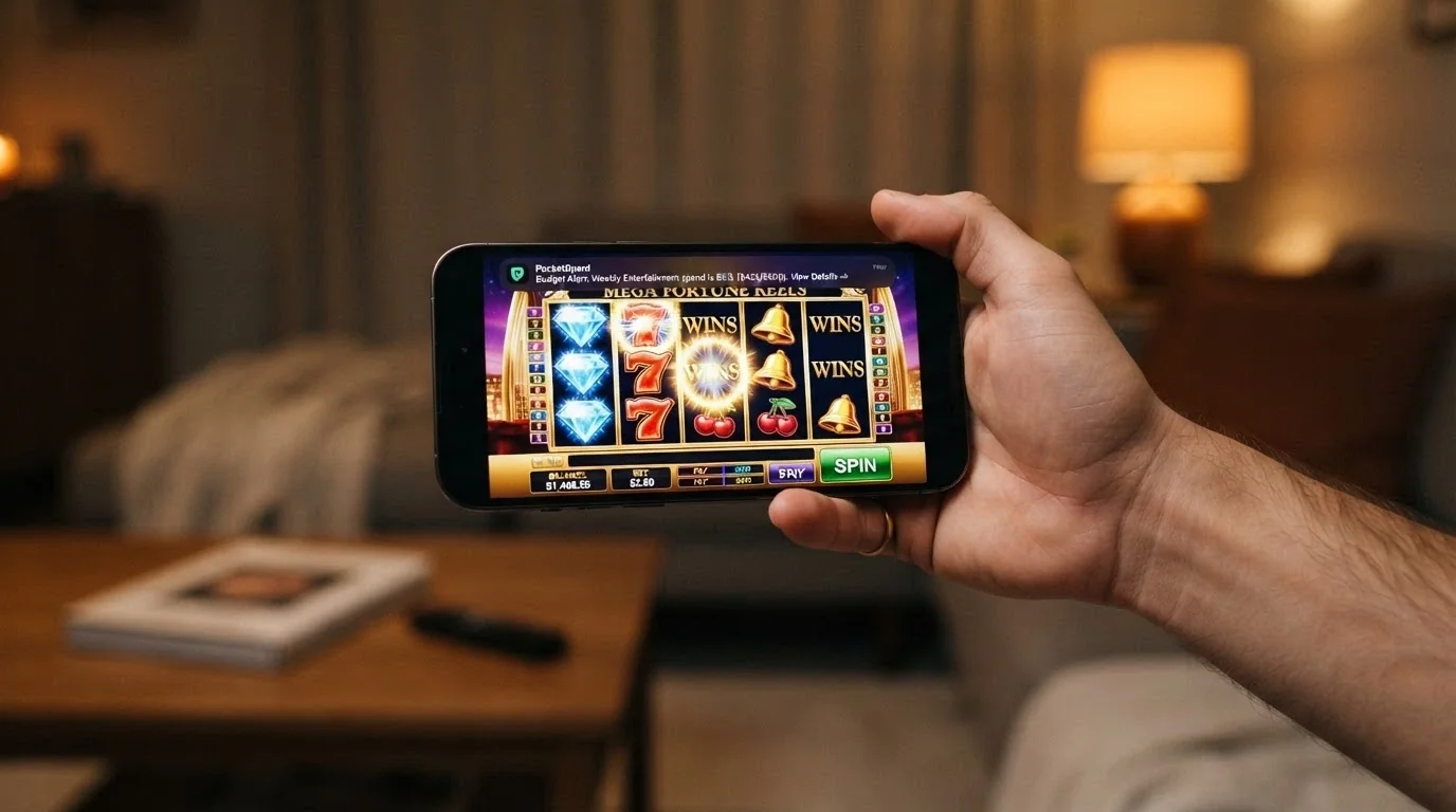 A hand holding a smartphone in landscape orientation with a pokies game on screen and a budget-tracking app notification visible