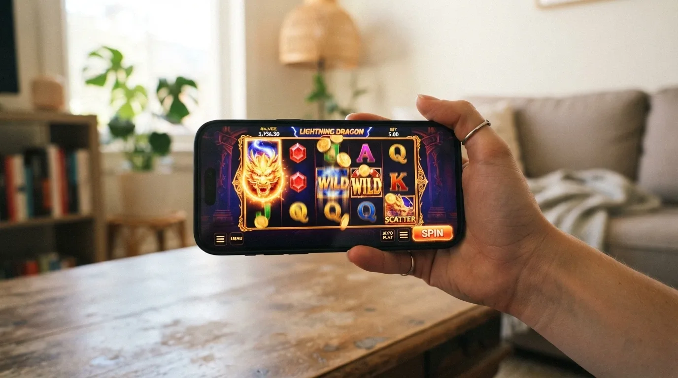 A hand holding a smartphone in landscape orientation with a pokie game visible on screen