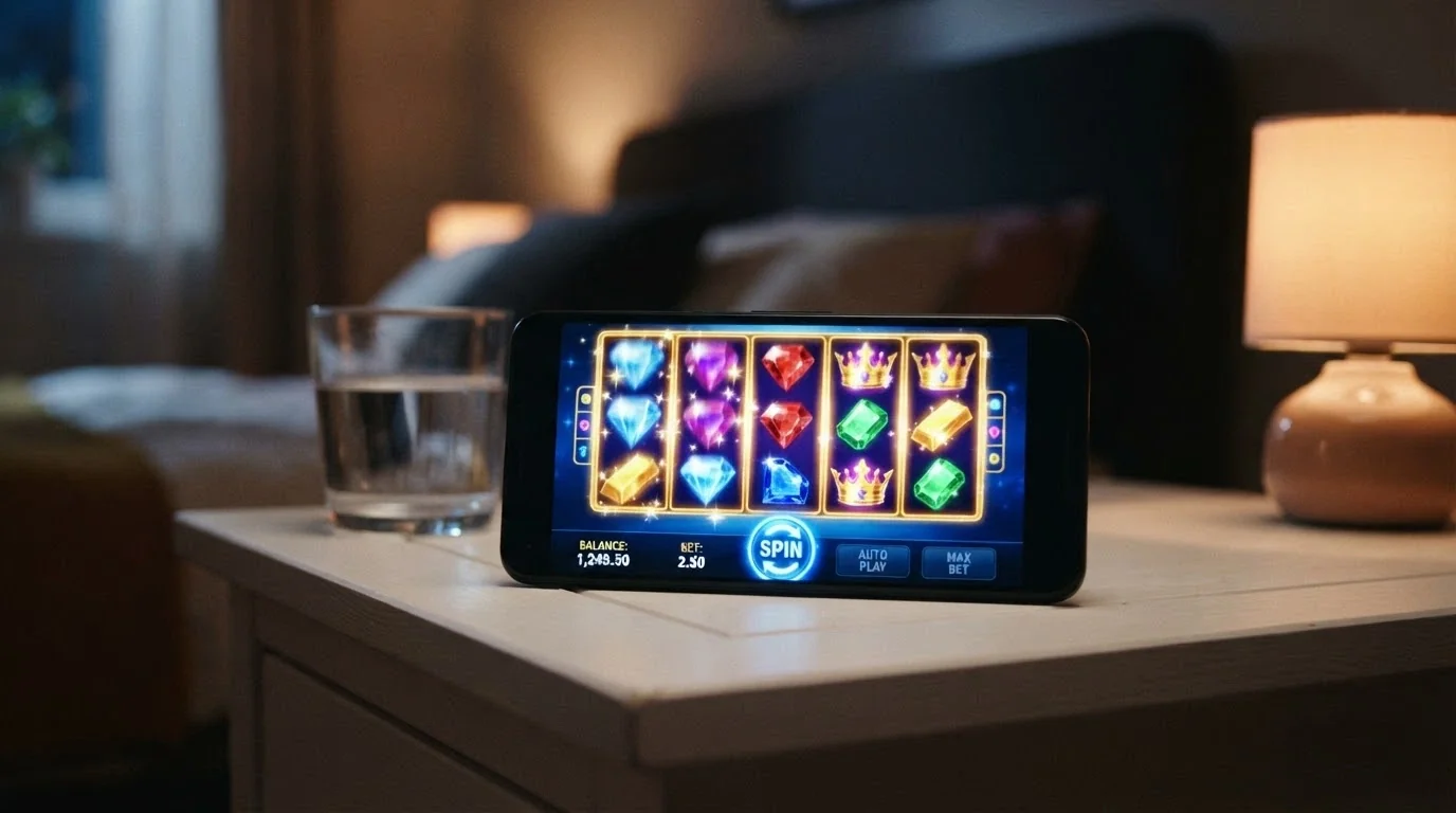 A smartphone in landscape orientation running a brightly coloured pokies game with the spin button visible