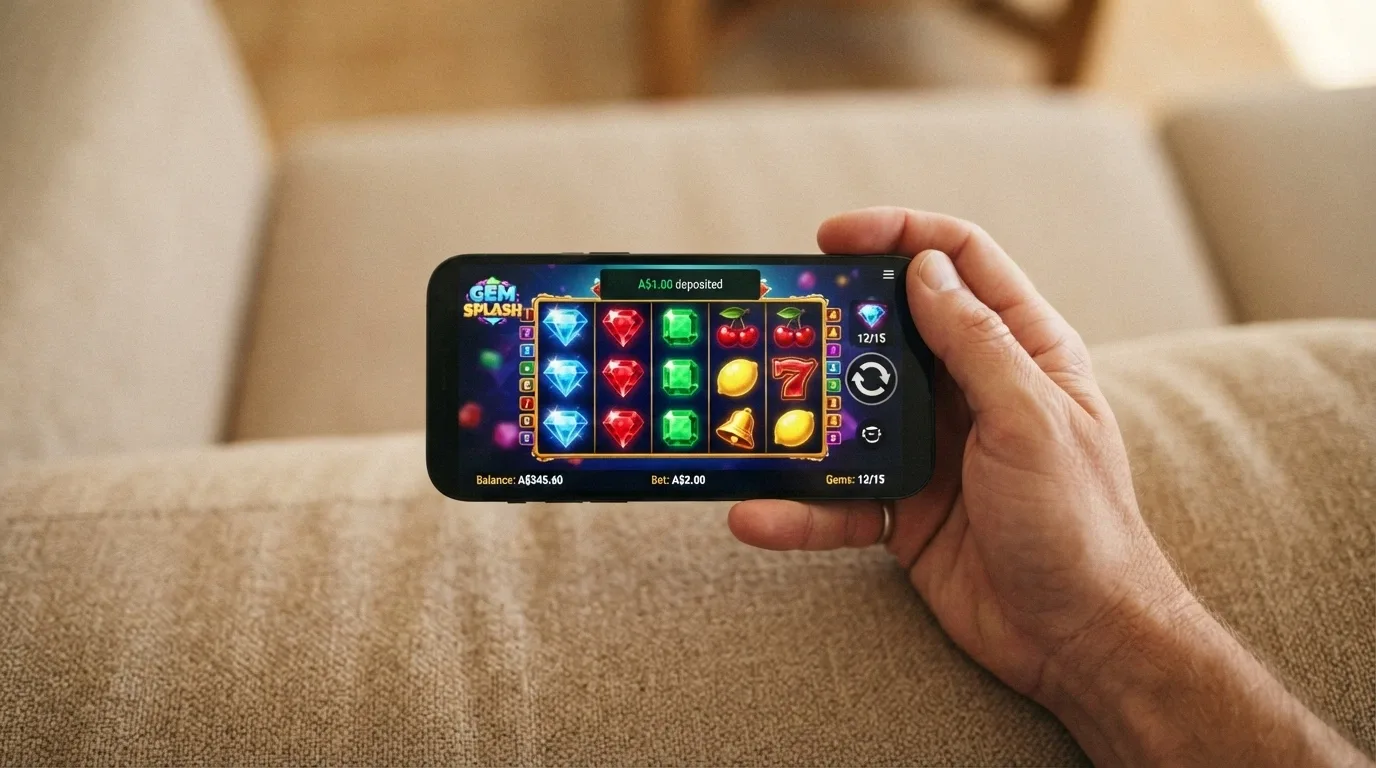 A hand holding a smartphone in landscape orientation showing a pokie game (Starburst-style grid) with a small PayID deposit confirmation notification overlaid at the top of the screen