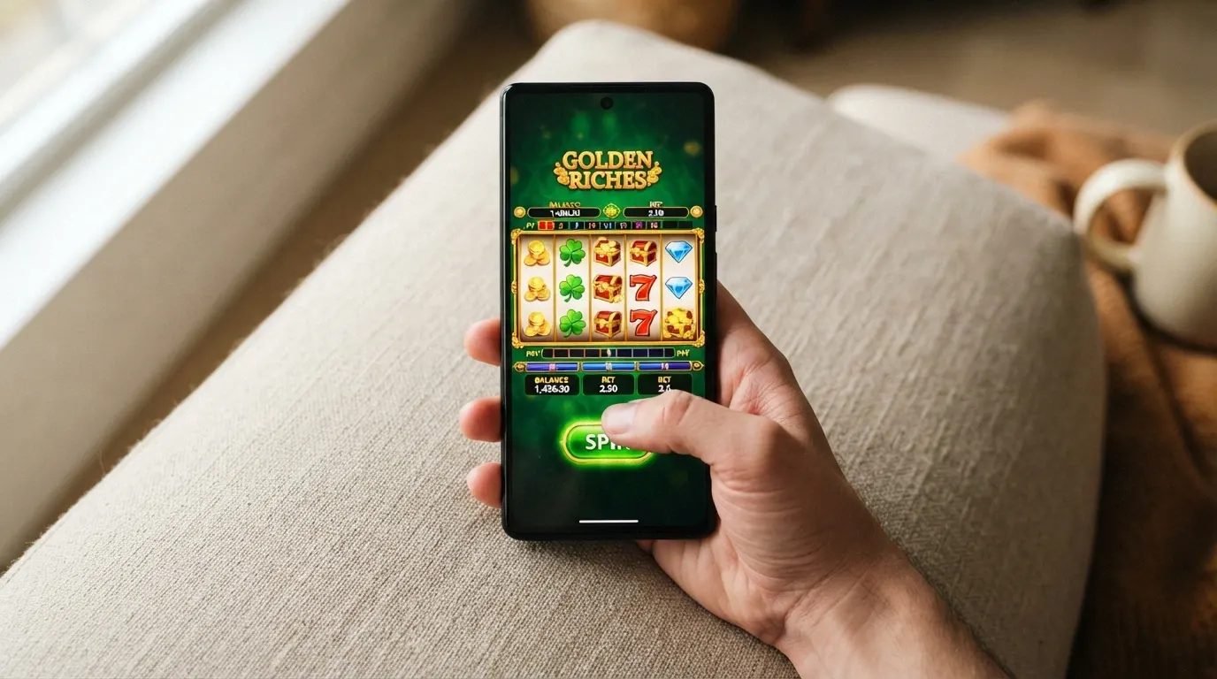 A hand holding a smartphone in portrait orientation with a pokie game visible on screen