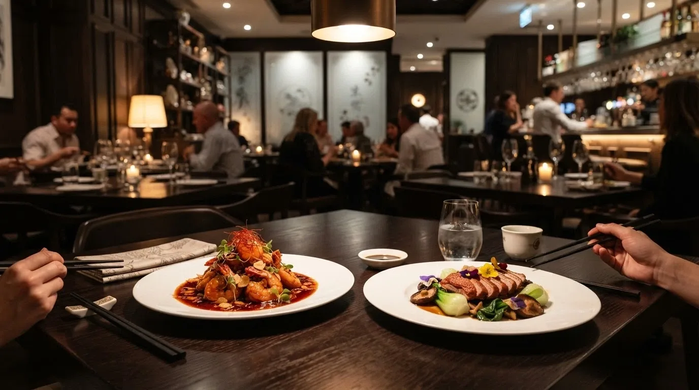 Interior of Natural Nine restaurant at Casino Canberra with plated Pop Chinese dishes and dining-room seating