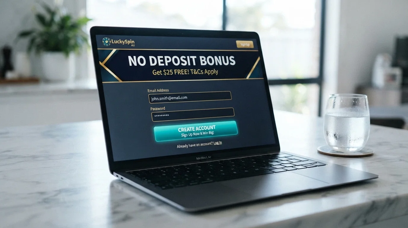 A freshly designed casino registration page with a prominent no-deposit-bonus banner, modern UI elements and a sparse review footprint