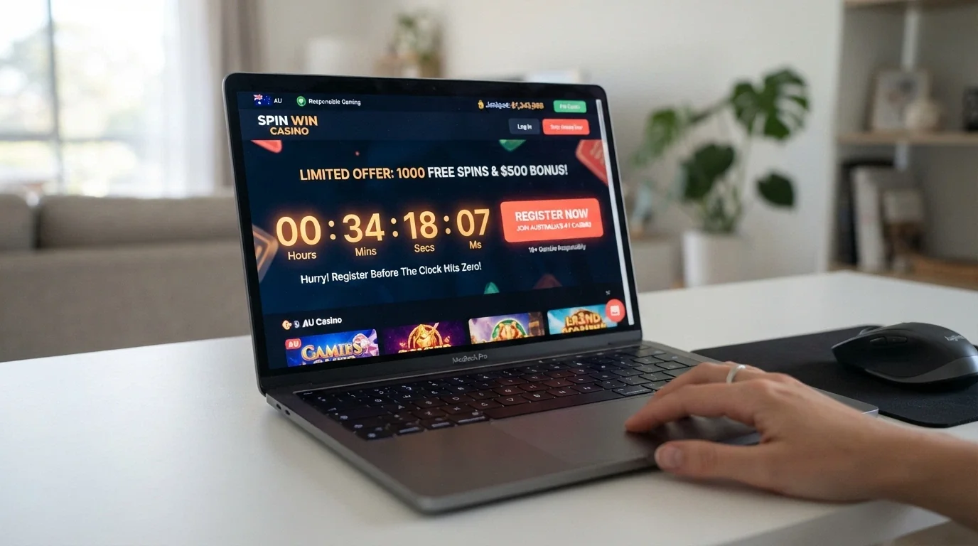 A fresh online casino landing page with a prominent free-spins countdown timer and a register button