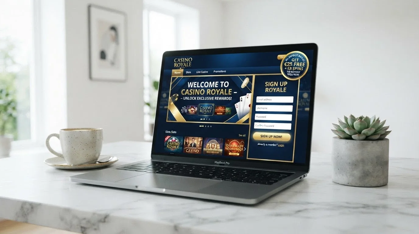 A clean, modern online casino homepage with a welcome bonus banner, a sign-up form and a no-deposit offer badge