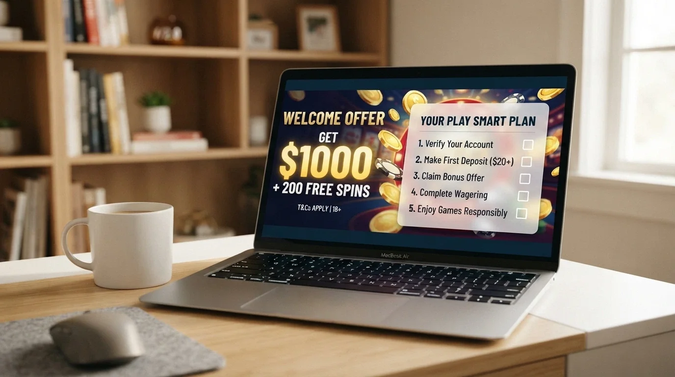A fresh casino welcome page with a large bonus banner, overlaid with a semi-transparent checklist of vetting criteria — licence, withdrawal terms, provider list, community feedback