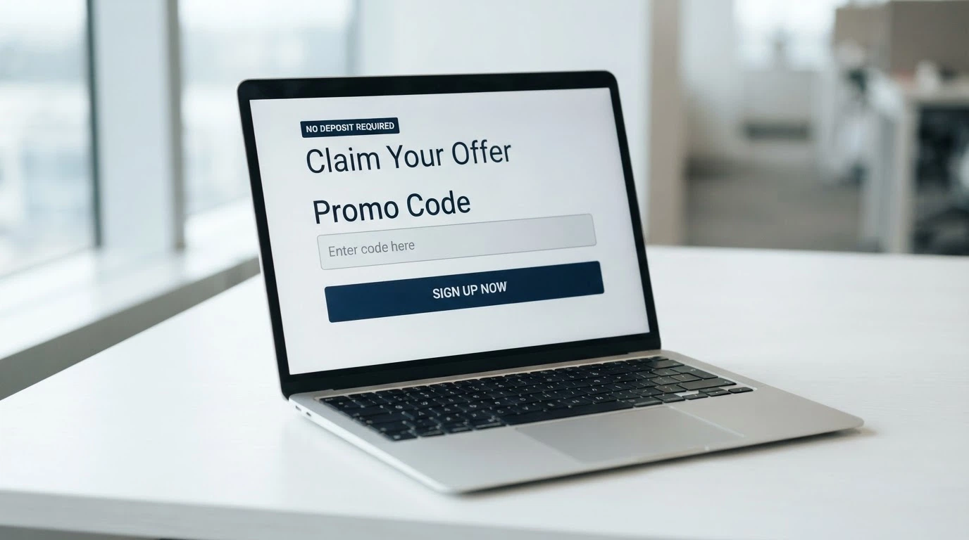 A casino sign-up form on a laptop screen with a “Promo Code” field filled in and a “No Deposit Required” banner visible above it
