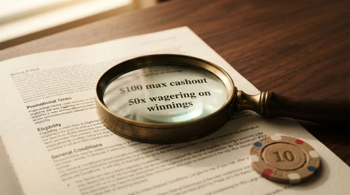 A magnifying glass over the fine print of a no-deposit bonus offer, highlighting “A$100 max cashout” and “50x wagering on winnings”