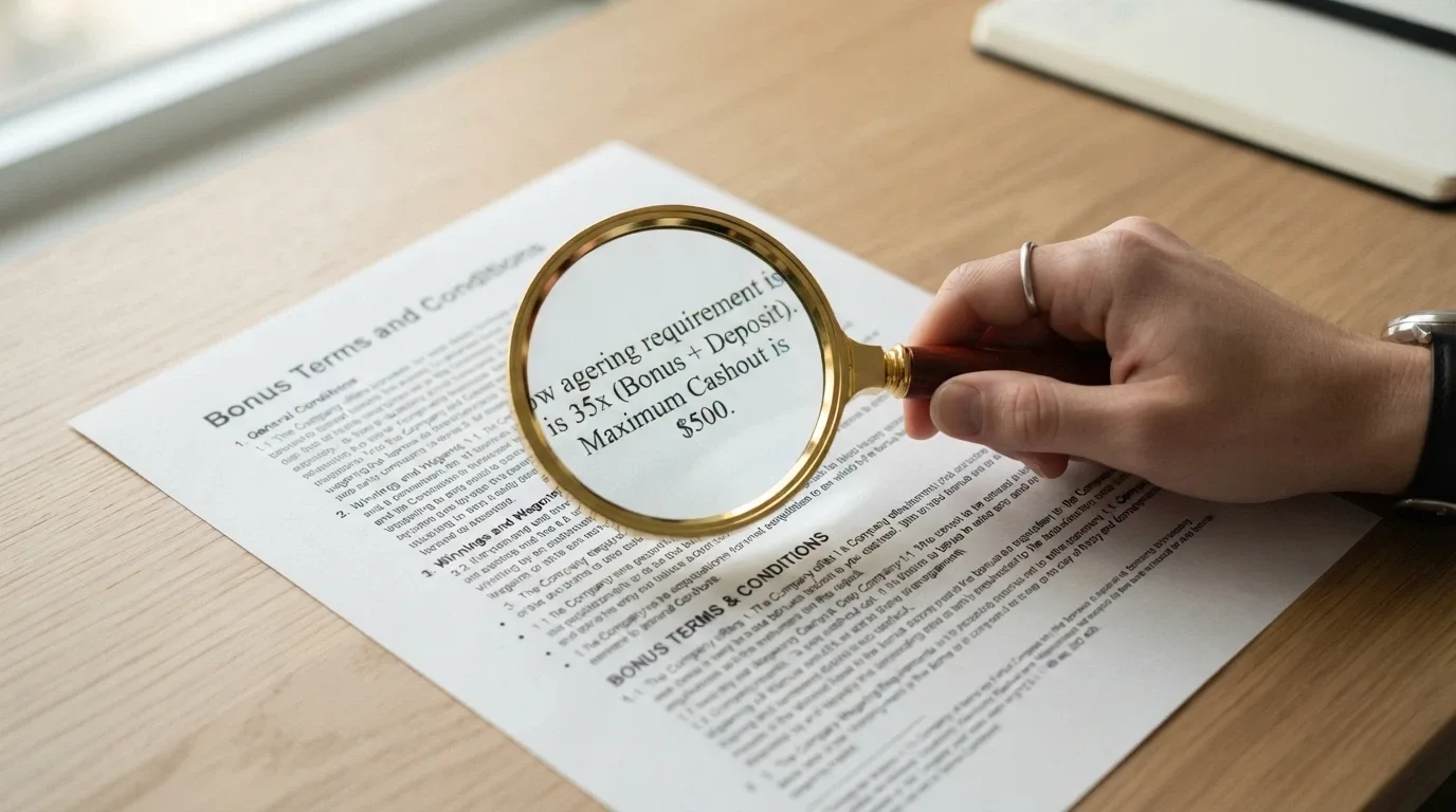 A mock-up of bonus terms and conditions printed in small text, with a magnifying glass hovering over the words “wagering requirement” and “max cashout”