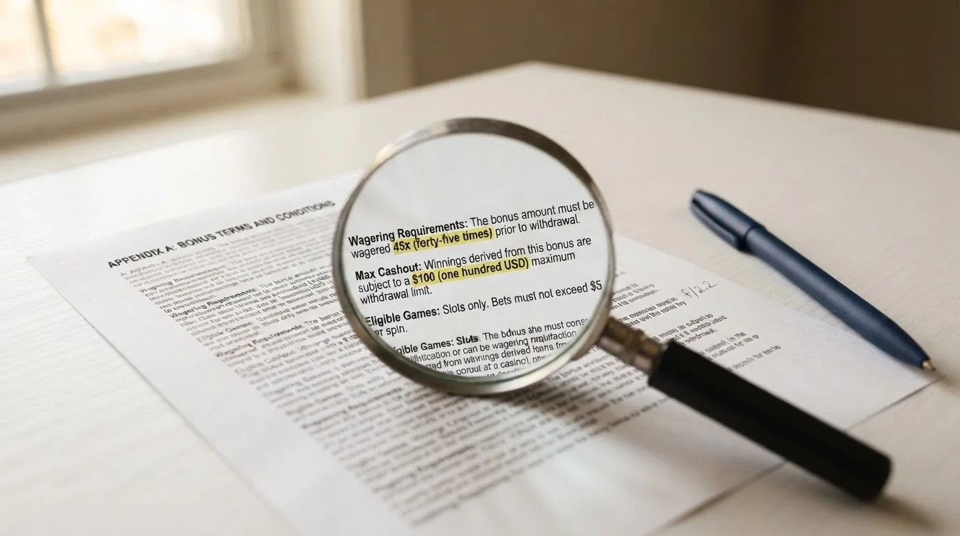 A magnified section of bonus terms and conditions with the wagering requirement and cashout cap highlighted