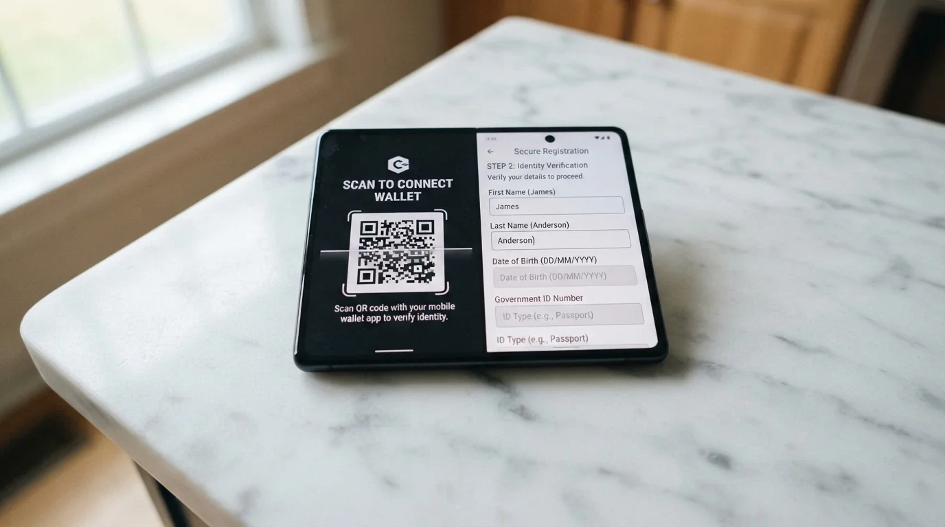 A smartphone displaying a wallet-connect QR code next to a casino registration screen with the ID-verification section greyed out
