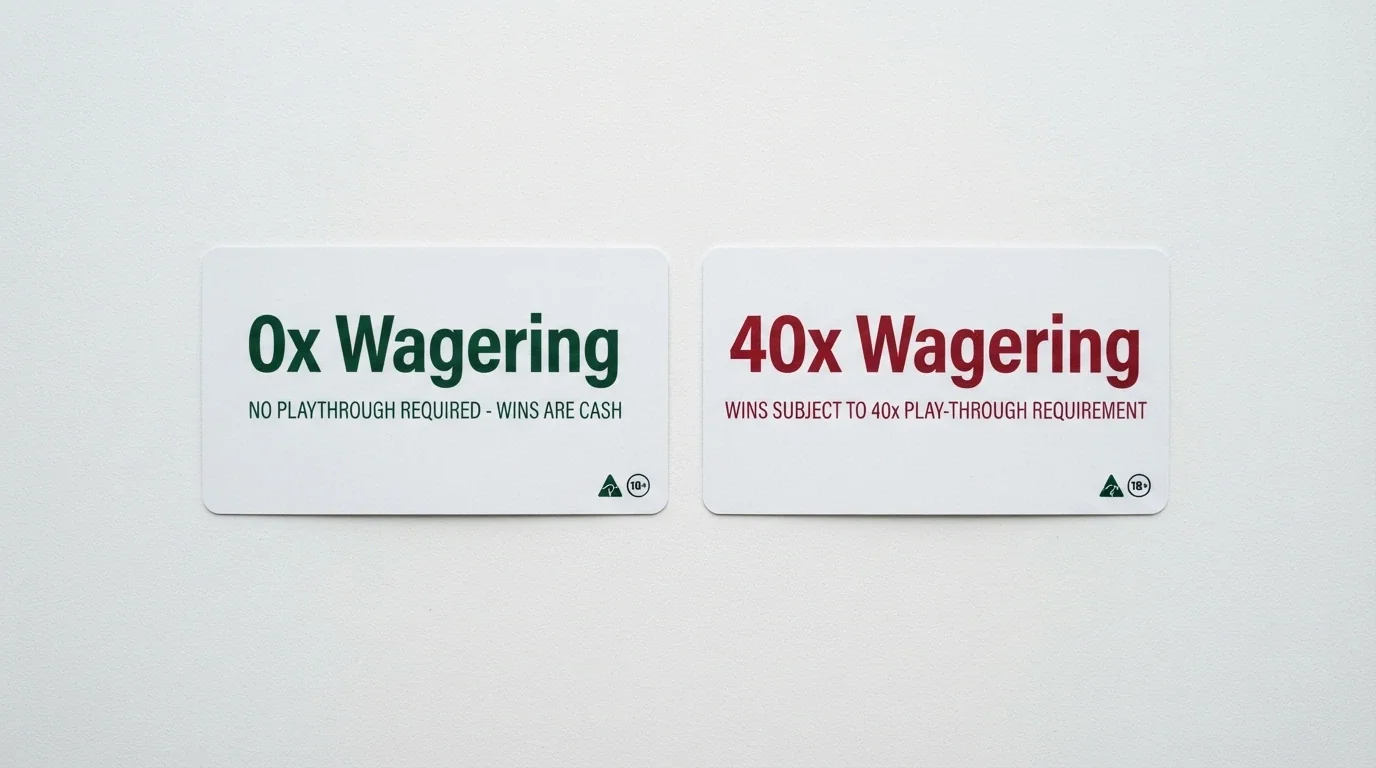 Two casino bonus offer cards side by side, one labelled “0x wagering” and the other “40x wagering”