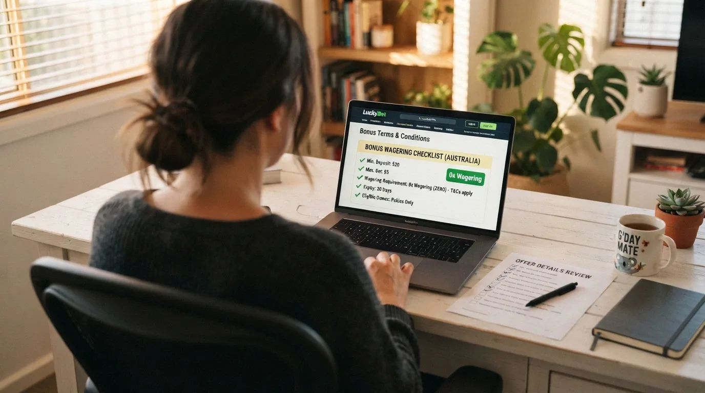 A player reviewing casino bonus terms on a laptop, with a checklist and a no-wager offer highlighted