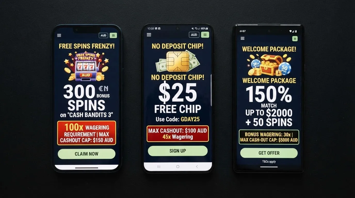 Three mobile screens side by side showing a free-spins offer, a no-deposit chip, and a welcome package with their real cashout caps highlighted